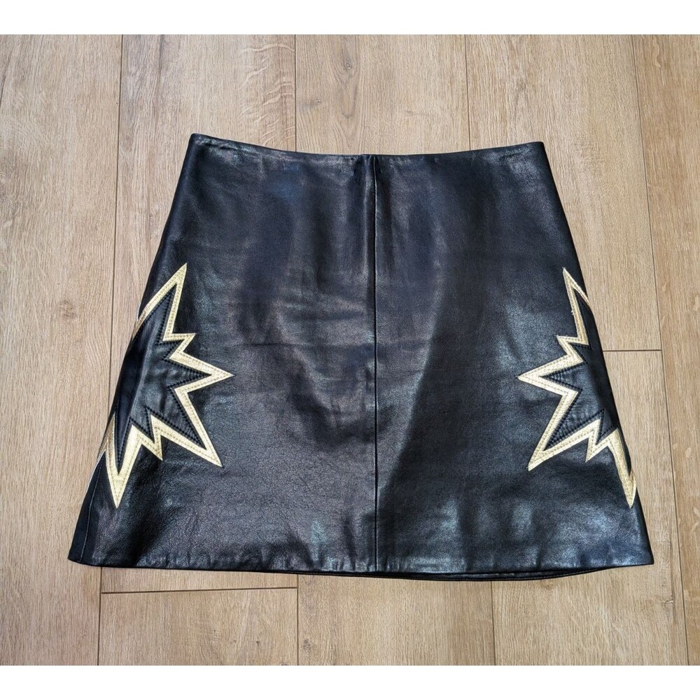& Other Stories Black 100% Leather Star Burst Mini Skirt Gold Glamrock size 10